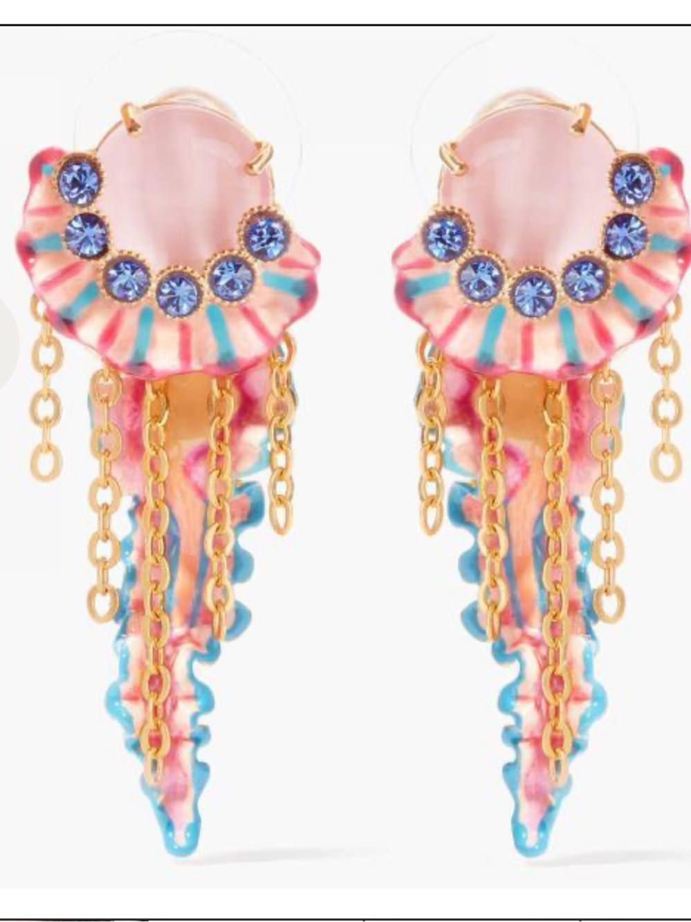 Les Nereides Pink & Blue Enamel jellyfish Drop Earrings with Gold Chains Clipper
